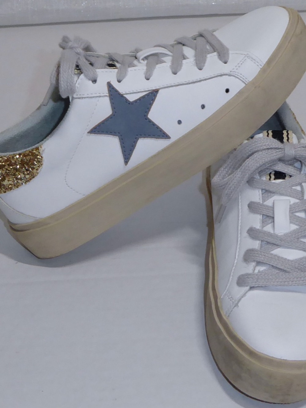 Womens Shu Shop Reba Platform Sneakers White Leather Blue Star Gold Glitter 7.5